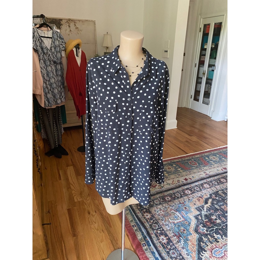 Chicos Black White Polka Dot Shirt Blouse Size 3 US 16/18 Long Sleeve